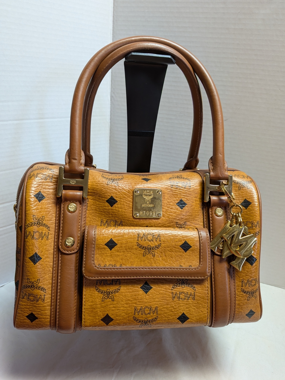 MCM Cognac Visetos Monogram Satchel with Gold Logo Charm